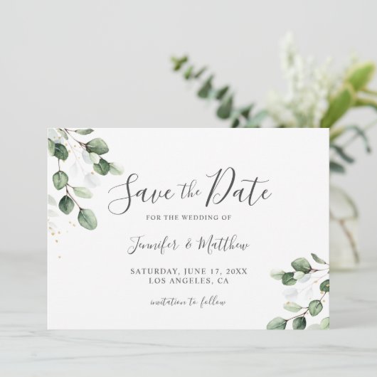 Elegant Greenery Eucalyptus Gold Wedding Save The Date (Staand voorkant)