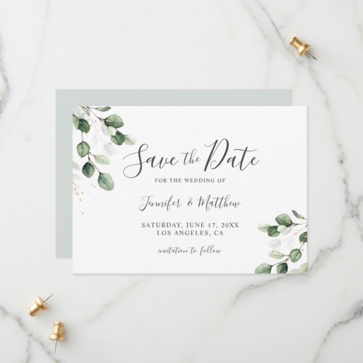 Elegant Greenery Eucalyptus Gold Wedding Save The Date (Voorkant / Achterkant in situ)