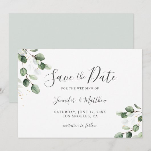 Elegant Greenery Eucalyptus Gold Wedding Save The Date (Voorkant / Achterkant)