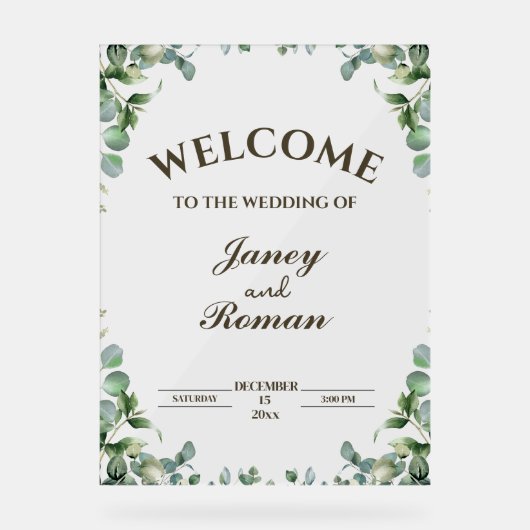 Elegant Greenery Eucalyptus Leaves Rustic Wedding Acryl Bord (Voorkant)