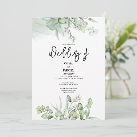 Elegant Greenery Eucalyptus Leaves Rustic Wedding Kaart (Staand voorkant)