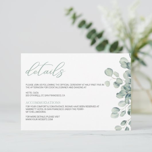 Elegant Greenery Eucalyptus Leaves Wedding Informatiekaartje (Staand voorkant)