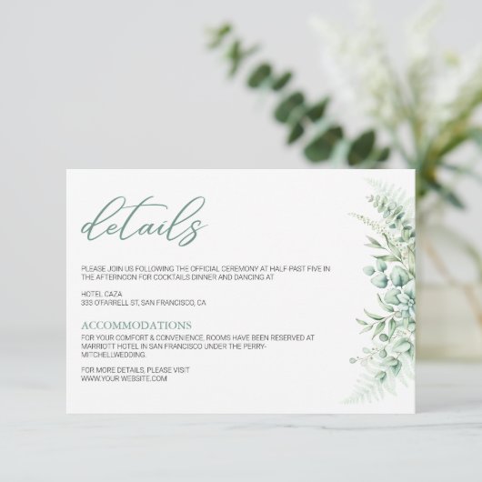 Elegant Greenery Eucalyptus Leaves Wedding Informatiekaartje (Staand voorkant)
