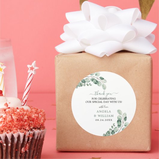 Elegant Greenery Eucalyptus Leaves Wedding Ronde Sticker (Feest)