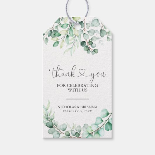 Elegant Greenery Eucalyptus Monogram Weddenschap Cadeaulabel (Voorkant)