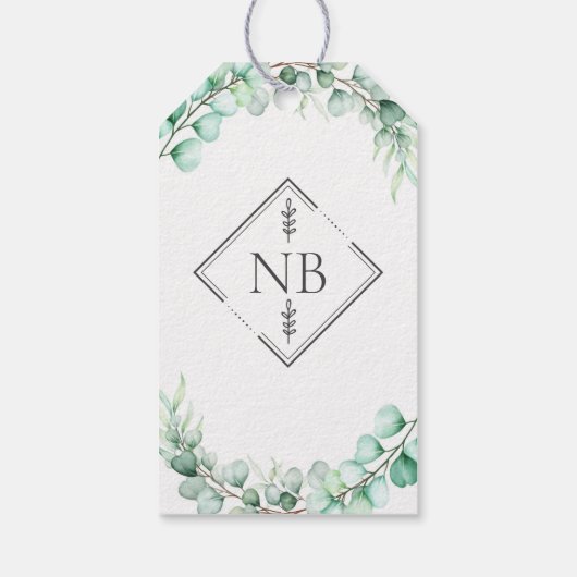 Elegant Greenery Eucalyptus Monogram Weddenschap Cadeaulabel (Achterkant)