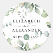 Elegant greenery eucalyptus names en trouwdatum ronde sticker (Voorkant)