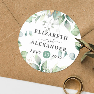 Elegant greenery eucalyptus names en trouwdatum ronde sticker