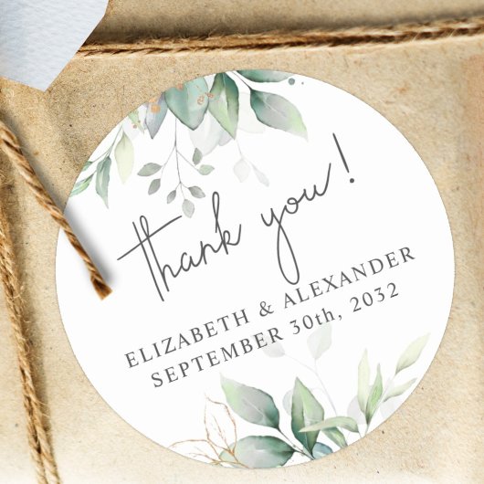 Elegant greenery eucalyptus names en trouwdatum ronde sticker
