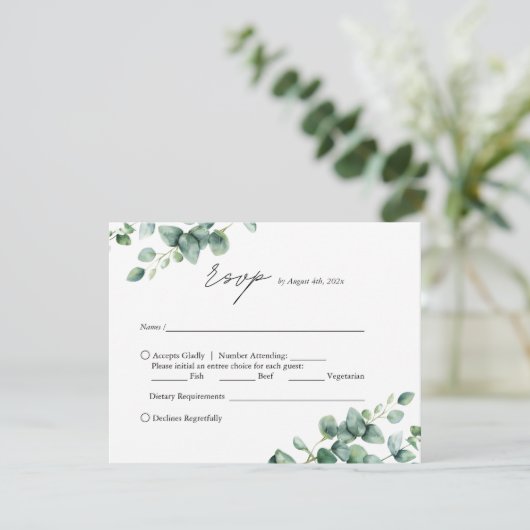 Elegant Greenery Eucalyptus script bruiloft RSVP Kaartje (Staand voorkant)
