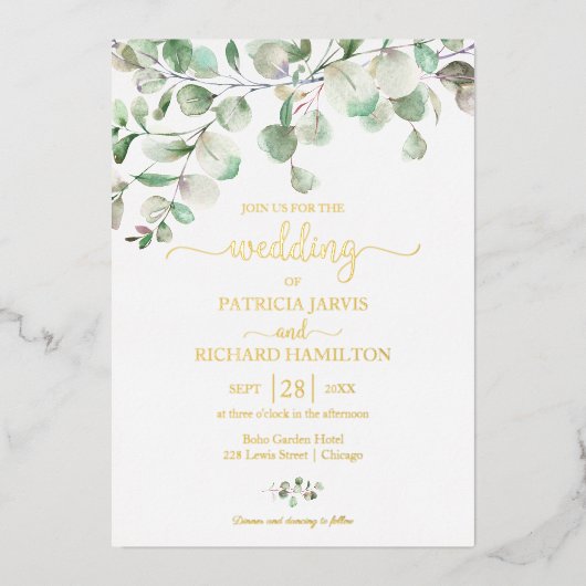 Elegant Greenery Eucalyptus Waterverf Wedding Folie Uitnodiging (Voorkant)