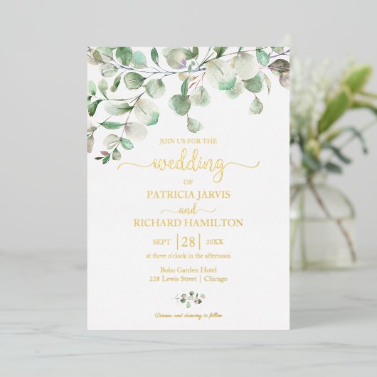 Elegant Greenery Eucalyptus Waterverf Wedding Folie Uitnodiging (Staand Voorkant)