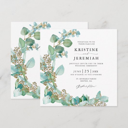 Elegant Greenery Eucalyptus Waterverf Wedding Kaart (Voorkant / Achterkant)