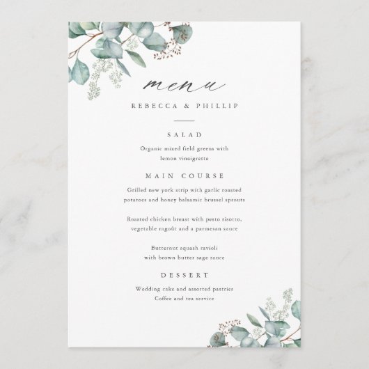 Elegant Greenery Eucalyptus Waterverf Wedding Menu (Voorkant)