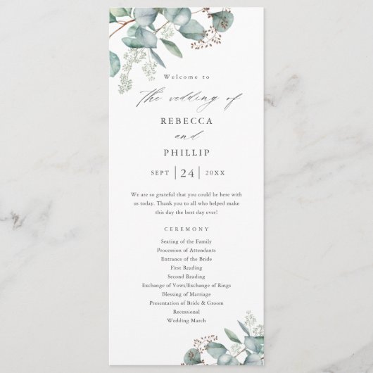 Elegant Greenery Eucalyptus Waterverf Wedding Programmakaart (Voorkant)