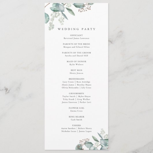 Elegant Greenery Eucalyptus Waterverf Wedding Programmakaart (Achterkant)