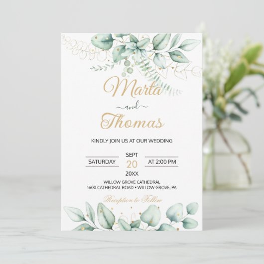 Elegant Greenery Eucalyptus Wedding Invitation Kaart (Staand voorkant)