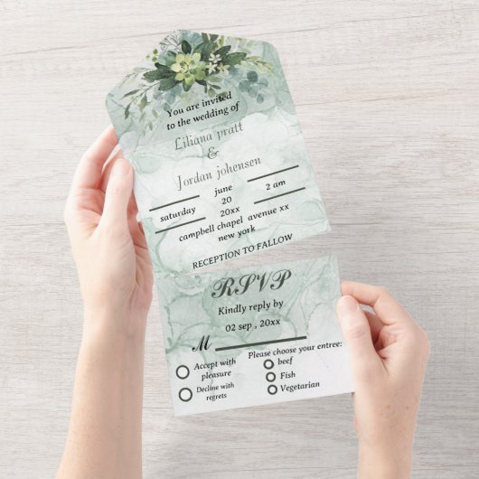 Elegant greenery eucalyptus WEDDING INVITATIONS All In One Uitnodiging (Afscheurbaar)