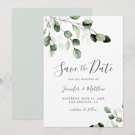 Elegant Greenery Eucalyptus Wedding Save The Date (Voorkant / Achterkant)