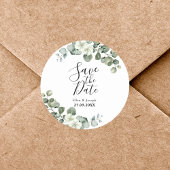 Elegant Greenery Eucalyptus Wedding Save the Date Ronde Sticker