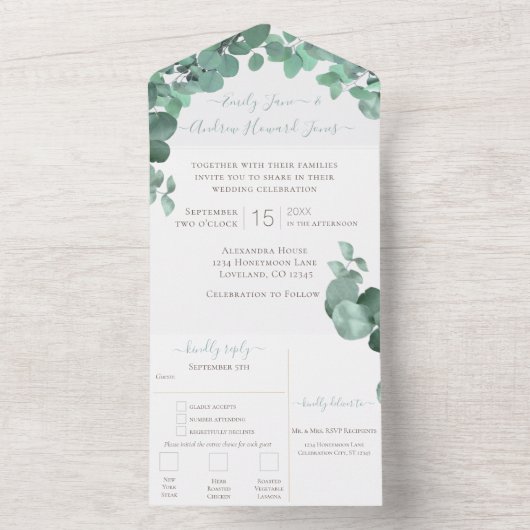 Elegant Greenery Eucalyptus Wreath Wedding All In One Uitnodiging (Binnen)