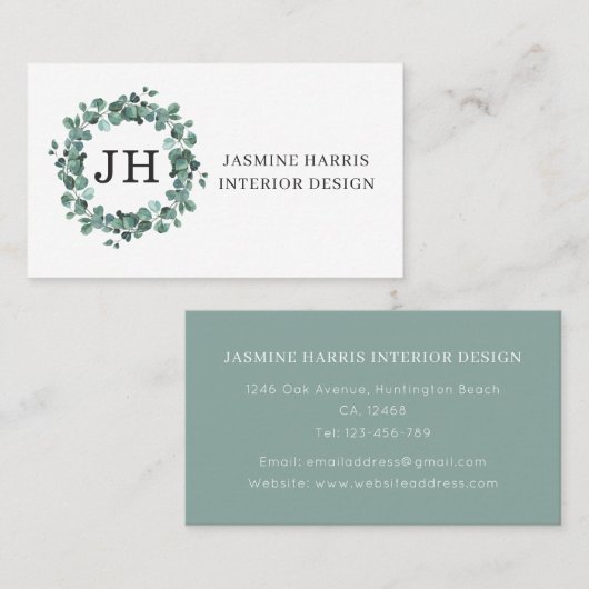 Elegant Greenery Eucalyptus Wreator Visitekaartje (Voorkant / Achterkant)