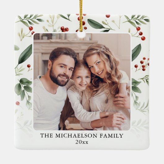 Elegant Greenery Family Photo Christmas Keramisch Ornament (Achterkant)