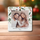 Elegant Greenery Family Photo Christmas Keramisch Ornament