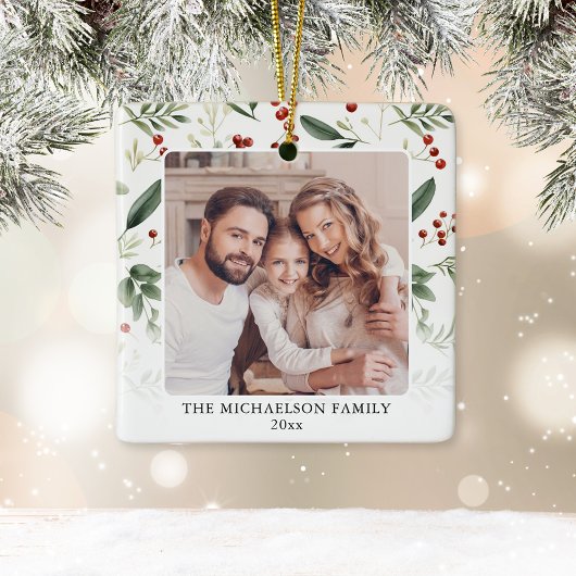 Elegant Greenery Family Photo Christmas Keramisch Ornament