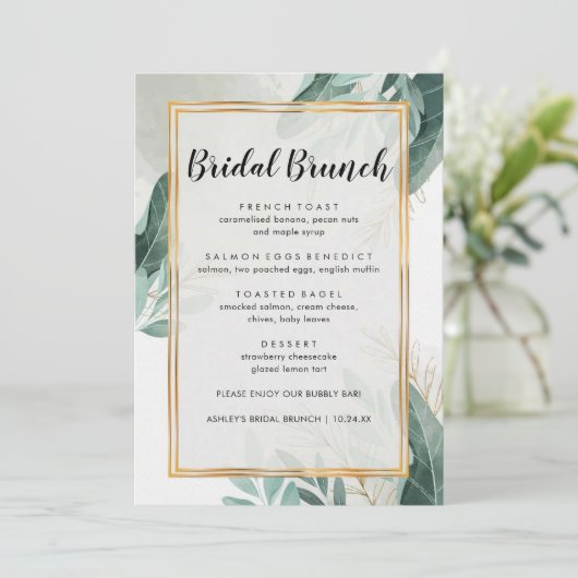 Elegant Greenery Floral Bridal Brunch Menu (Staand voorkant)