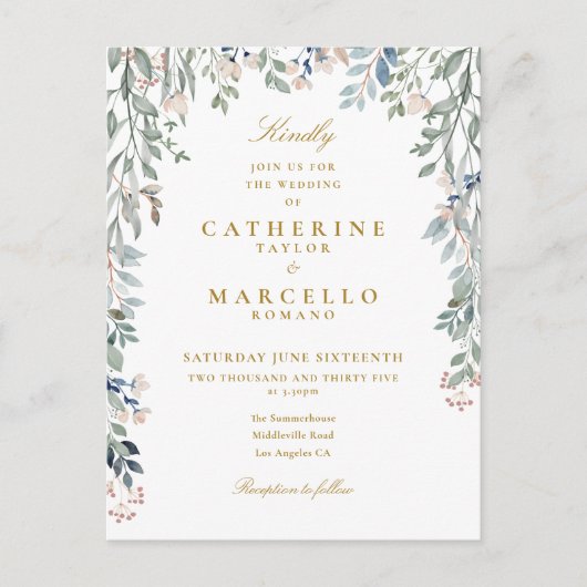 Elegant Greenery Floral Gold Typography Wedding Uitnodiging Briefkaart (Voorkant)
