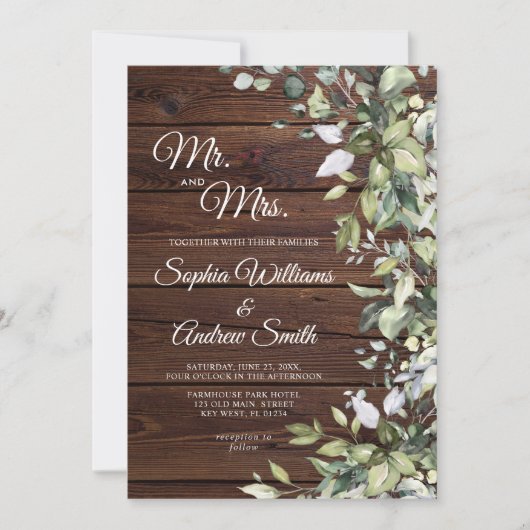 Elegant Greenery Floral Rustic Wood Wedding Kaart (Voorkant)