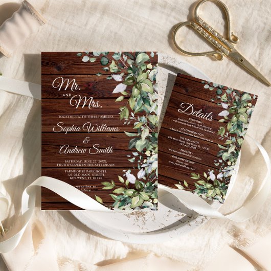 Elegant Greenery Floral Rustic Wood Wedding Kaart