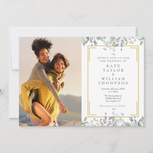 Elegant Greenery Floral Sage Lila Foto Weddenschap Kaart (Voorkant)