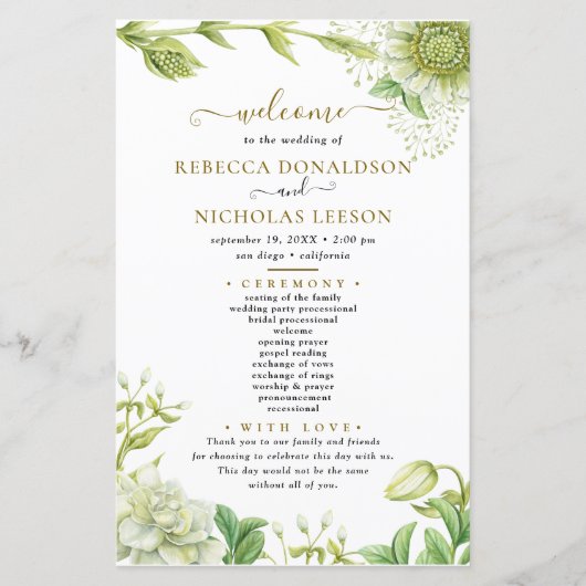 Elegant Greenery Flowers Botanical Wedding Program (Voorkant)