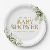 Elegant Greenery Foliage Gold Baby shower Papieren Bordje (Voorkant)