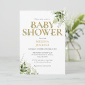 Elegant Greenery Foliage Gold Letter Baby shower Kaart (Staand voorkant)