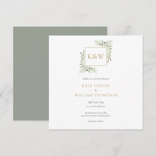 Elegant Greenery Foliage Monogram Square Weddensch Kaart (Voorkant / Achterkant)