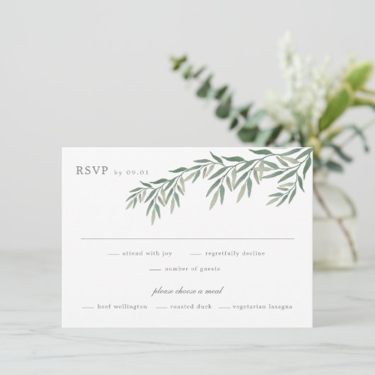 Elegant Greenery Foliage Wedding RSVP Kaart (Staand voorkant)