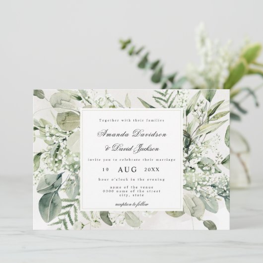 Elegant Greenery Foliage White Floral Boho Wedding Kaart (Staand voorkant)