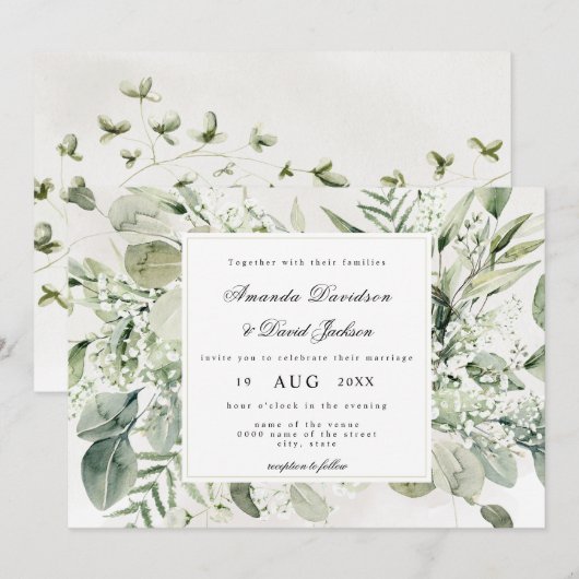 Elegant Greenery Foliage White Floral Boho Wedding Kaart (Voorkant / Achterkant)