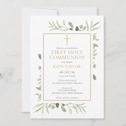 Elegant Greenery Foto First Heilige Communie Kaart (Voorkant)