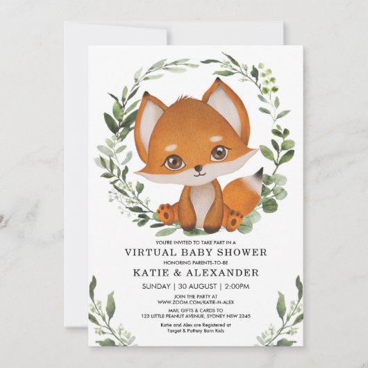 Elegant Greenery Fox Virtual Baby shower by Mail Kaart (Voorkant)