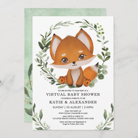 Elegant Greenery Fox Virtual Baby shower by Mail Kaart (Voorkant / Achterkant)