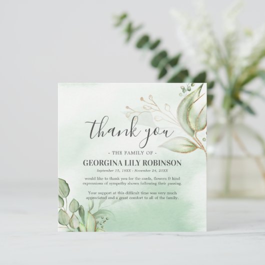 Elegant Greenery Funeral Gratitude Bedankkaart (Staand voorkant)
