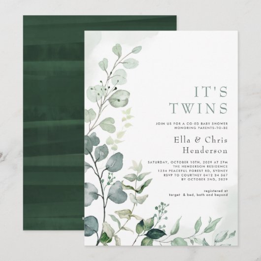 Elegant Greenery Garden Twins Coed Baby shower Kaart (Voorkant / Achterkant)