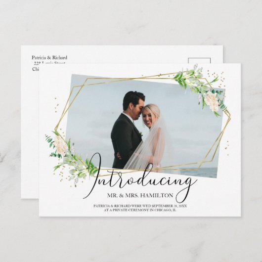 Elegant Greenery Geometric Eloped aankondiging Briefkaart (Voorkant / Achterkant)