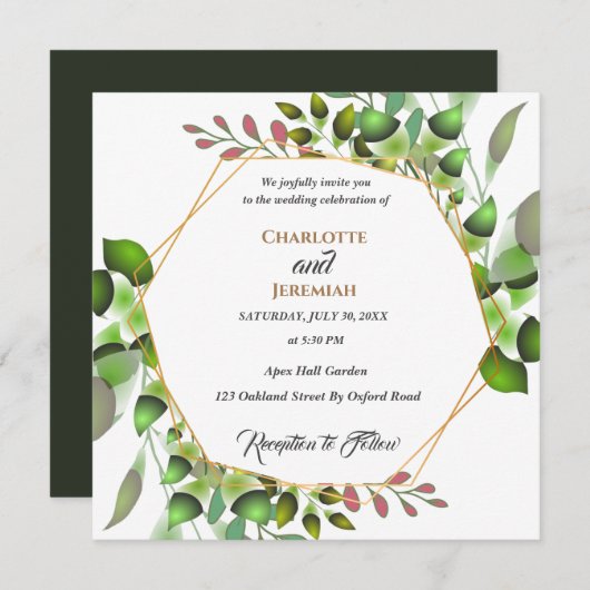 Elegant Greenery Geometric Lijst Wedding Kaart (Voorkant / Achterkant)