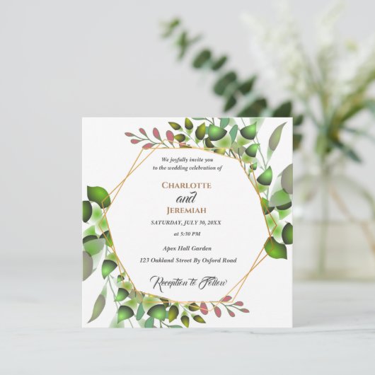 Elegant Greenery Geometric Lijst Wedding Kaart (Staand voorkant)