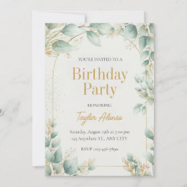 Elegant Greenery Gold Birthday Invitation Kaart
